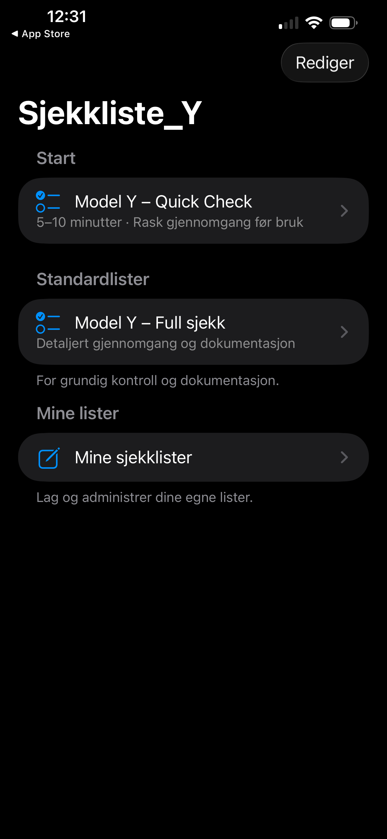 Sjekkliste_Y i mørk modus med Quick Check, Full sjekk og Mine lister.