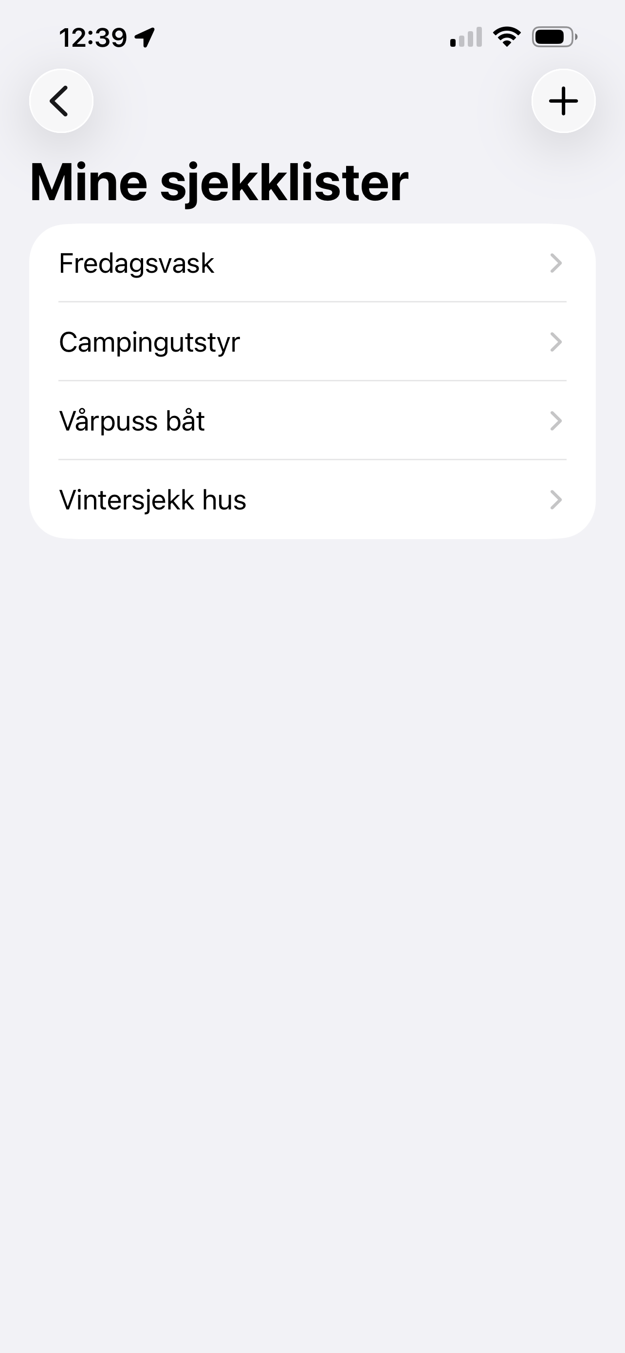 Mine sjekklister med eksempler som fredagsvask, campingutstyr, vårpuss båt og vintersjekk hus.